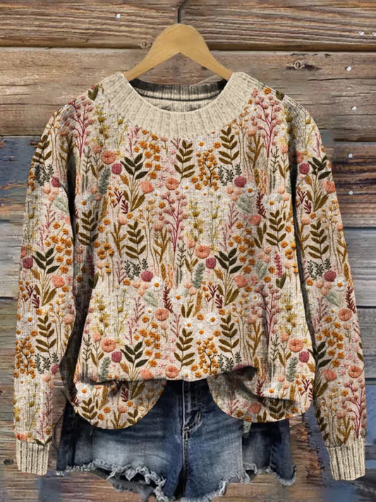Wildflower Meadow Floral Embroidery Art Cozy Sweater