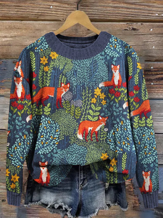 Fox in the Forest Gray Vintage Comfy Sweater