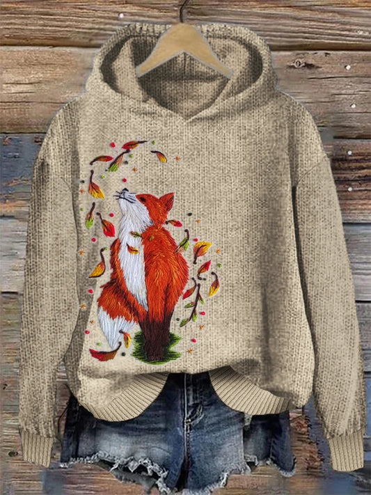 Fox & Falling Leaves Embroidery Art Cozy Knit Hoodie